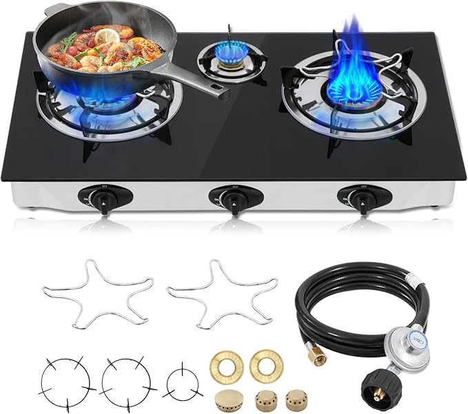 Propane Gas Cooktop3 Burners Gas Stove portable 0.28Tempered Glass Auto Ignition Camping 3 Burner LPG for RVApartmentsOutdoor