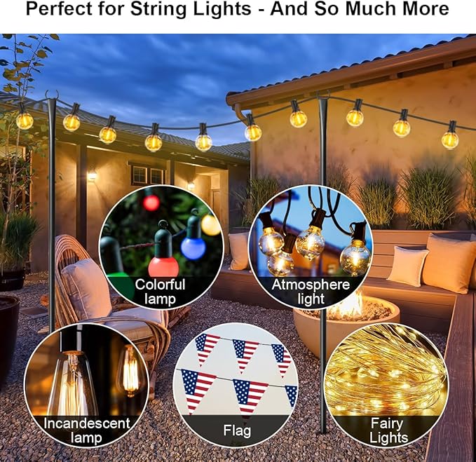 4 Pack String Light Poles for Outside Upgraded Heavy-Duty Metal Light Poles for Outdoor String Lights with Fork Adjustable Lighting Accessories for Patio Decor Backyard Pergola Garden Decorations