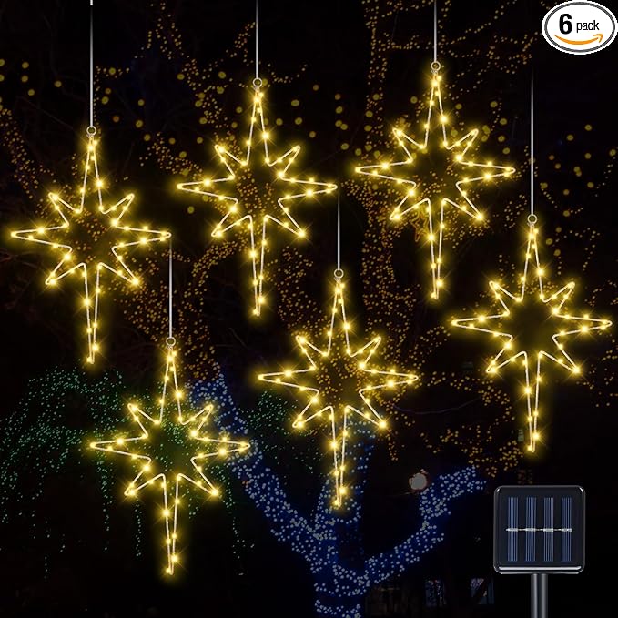 Baquler 6 Pcs 16 Inch Solar Christmas Bethlehem Star String Light Outdoor Xmas Bethlehem Star Light LED Hanging Christmas Decoration for Windows Outdoor for Holiday Garden Home Xmas Tree Porch Decor