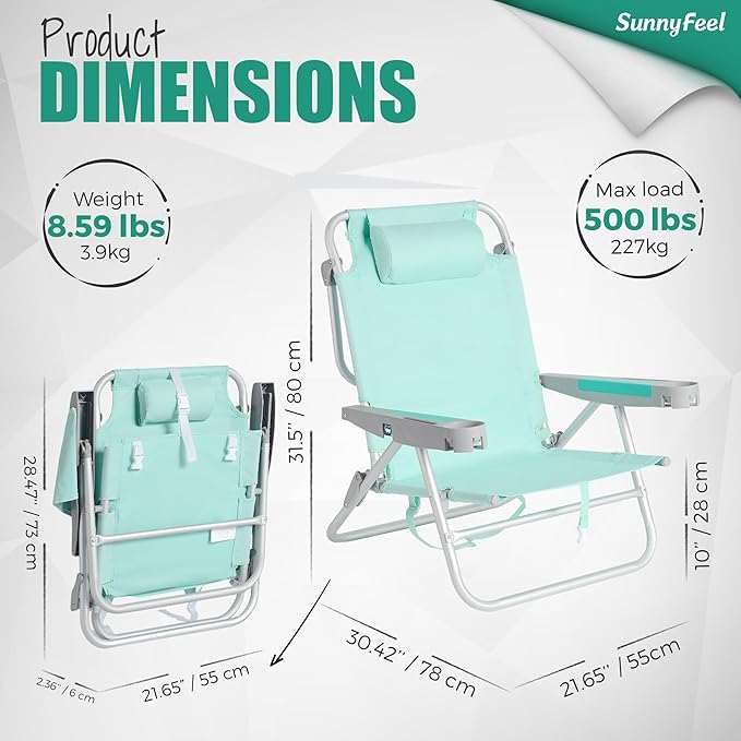 SUNNYFEEL Extra Wide Low Beach Chair 2 Pack 5 Position Lay XL Oversized Portable Folding Camping Chairs with Cup Holder for Outdoor/Sand Foldable Backpack Beach Chair for Adults Heavy Duty 500 LBS
