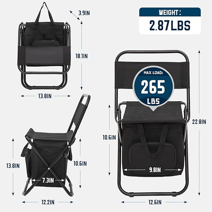 FUNDANGO Portable Fishing Chair Lightweight Backrest Stool Compact Folding Chair with Cooler Bag for Outdoors Hiking Hunting Travel Supports 265 Lbs (Black)