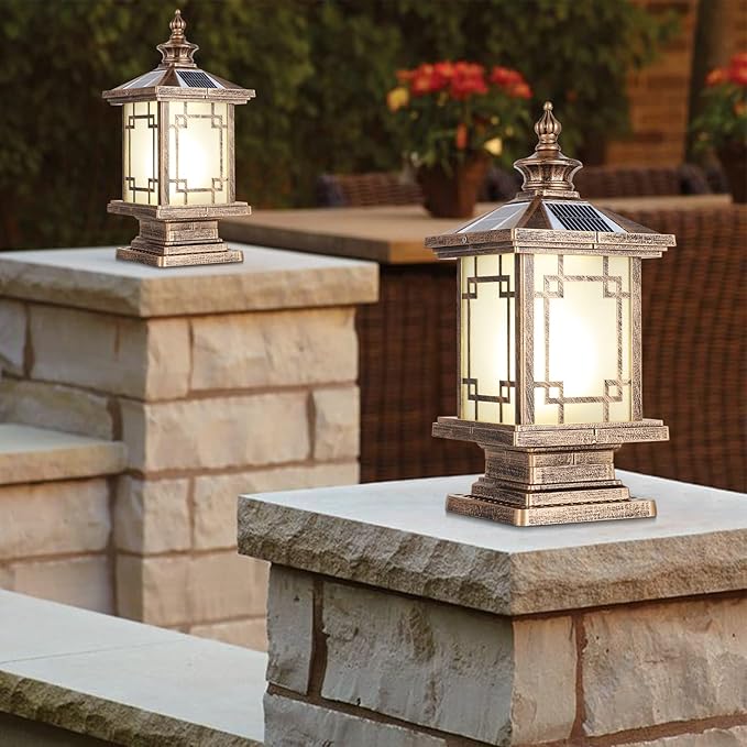 LED Solar Post Light Outdoor Aluminum Fence Post Cap Lamp Remote Control Dimmable Pillar Lights Solar IP65 Waterproof Column Light 15.7 X 7.3 Pillar Pedestal Lantern for Garden Yard