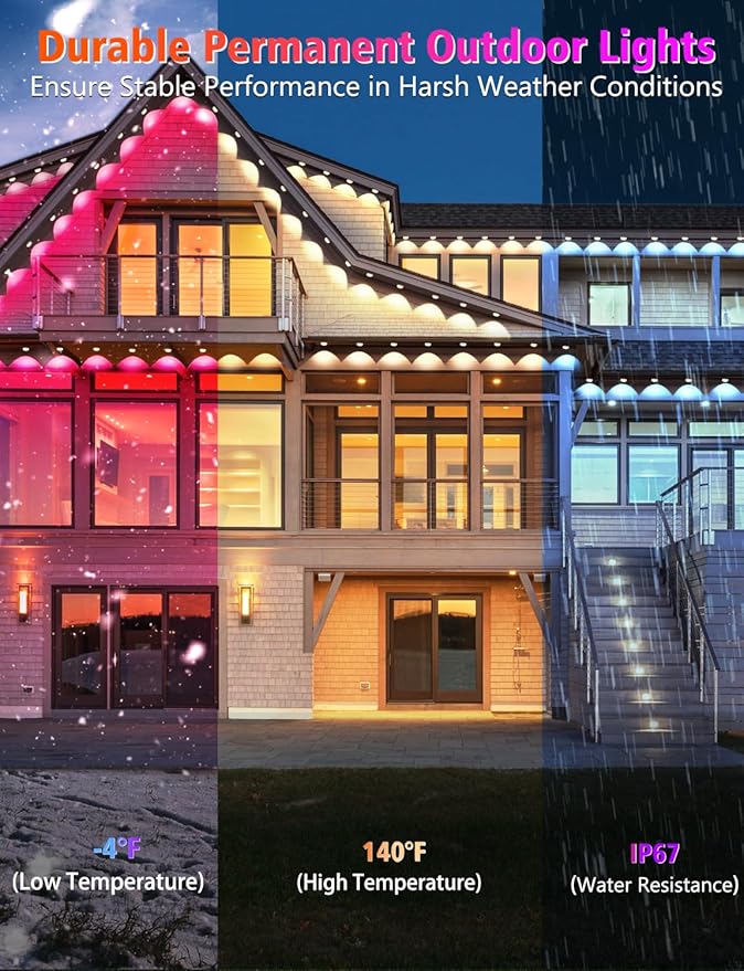 100FT Permanent Outdoor Lights 60 LED Smart RGB&ampIC Outdoor Eave Lights with App/Remote Control 209 Scene Modes IP67 Waterproof Outside Light for House Party Christmas