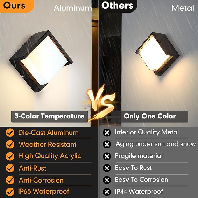 Aiwewin 1 Pack Outdoor Wall Sconces 6 Inch Modern Square LED Exterior Light Fixtures 1200LM 3CCT Selectable (3000K/4000K/6000K) IP65 Waterproof Black Aluminum Porch Lights for Garage House Garden