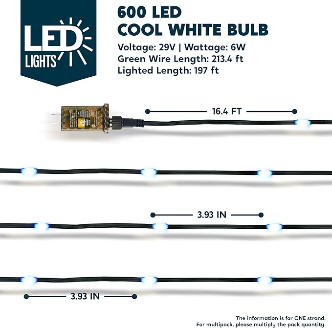 Joiedomi 600 LED Christmas Lights Outdoor198 FT Cool White Christmas Tree Lights with 8 Modes Timer PVC Green Wire String Lights with Reel for Indoor Outdoor Holiday Xmas Eve Night Decorations
