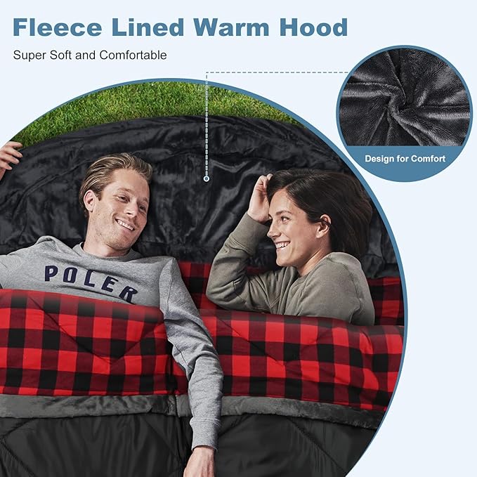 AGEMORE Cotton Flannel Double Sleeping Bag with Fleece Lined Hood Waterproof Queen Size 2 Person Sleeping Bag for Adults Cold Weather Camping Backpacking or Hiking 3-4season