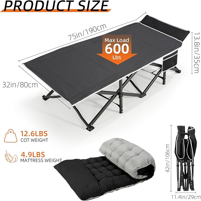 Portable Camping Cot 32 Extra Wide Camping Cots for Adults with Thick Mattress Heavy Duty Sleeping Cot Holds Up to 600LBS Cots for Sleeping Rv Beach Patio Office Naps 2Pcs (Black)