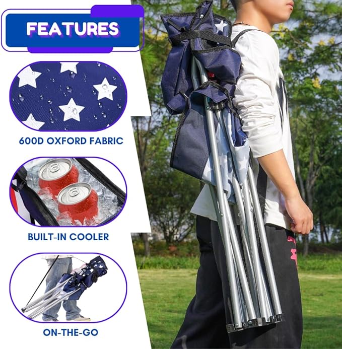 EZONE 2-Pack Camping Chairs with Built-in Ice Cooler Portable Chair Storage Pocket Cup Holder and Carry Bag Perfect for Camping Tailgating Fishing Beach and Lawn (2 Flag)