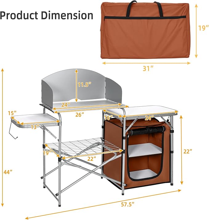 GYMAX Aluminum Portable Camping Kitchen Folding Cooking Table with 26 Tabletop Detachable Windscreen &amp Carrying Bag Outdoor Grill Table for BBQ Backyards