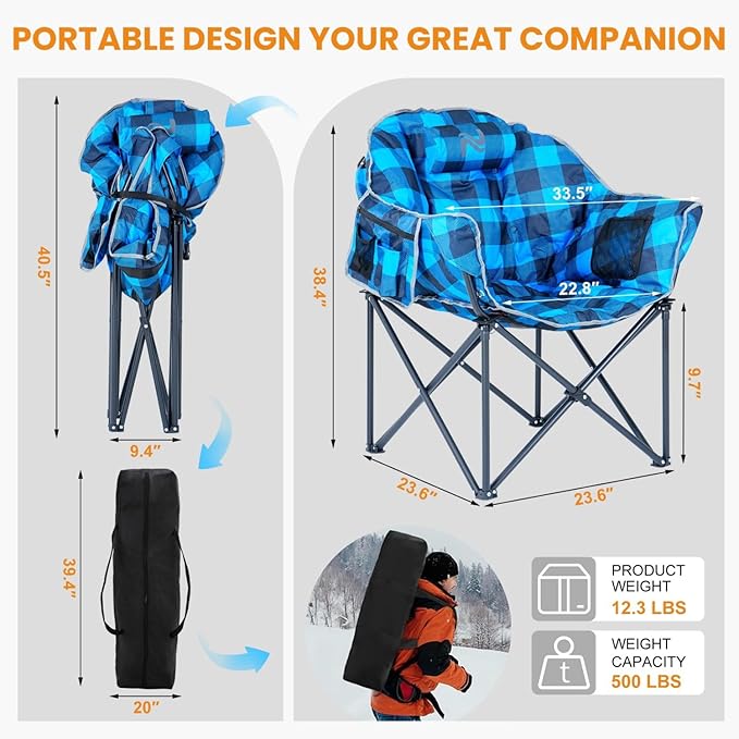 ABORON Oversized Outdoor Camping Chair with 3-Level Heating Portable Heated Folding ChairsBlue Plaid