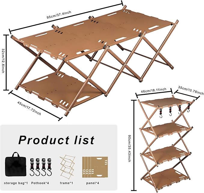 Portable Camping Table &amp Shelf 2-in-1Folding Carbon Steel Picnic Rack 37 4-Tier Storage Cook Station with 4 HooksPerfect for Party Dining Camping BBQ Indoor Outdoor