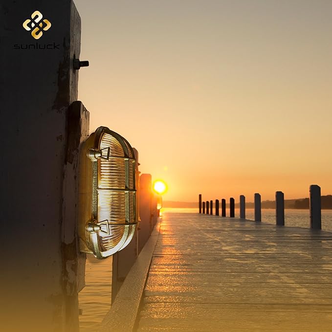 Sunluck Brass Bulkhead LightGrid Oval Nautical Wall LightLampshadeCeiling Mount LightingSauna Light Waterproof IP65Rust Resistantfor Wet Location BathSeasideShipBasementGarage