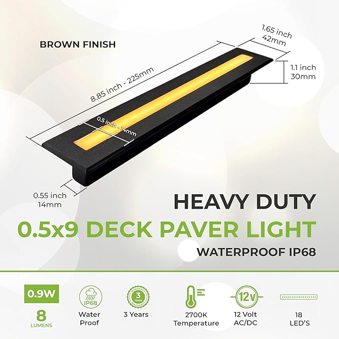 LUMENGY Deck Liner LED Light 0.5x9 Inch 2700K Warm White 12V Low Voltage IP67 Waterproof for Wood and Composite Decks and Patios Brown