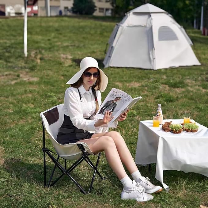 Folding Chairs Heavy Duty Support 330 lbs Moon Chair with Carry Bag Outdoor Quad Lumbar Back Padded with Side Pockets Built Durable and Reliable with Compact Foldable Steel Frame