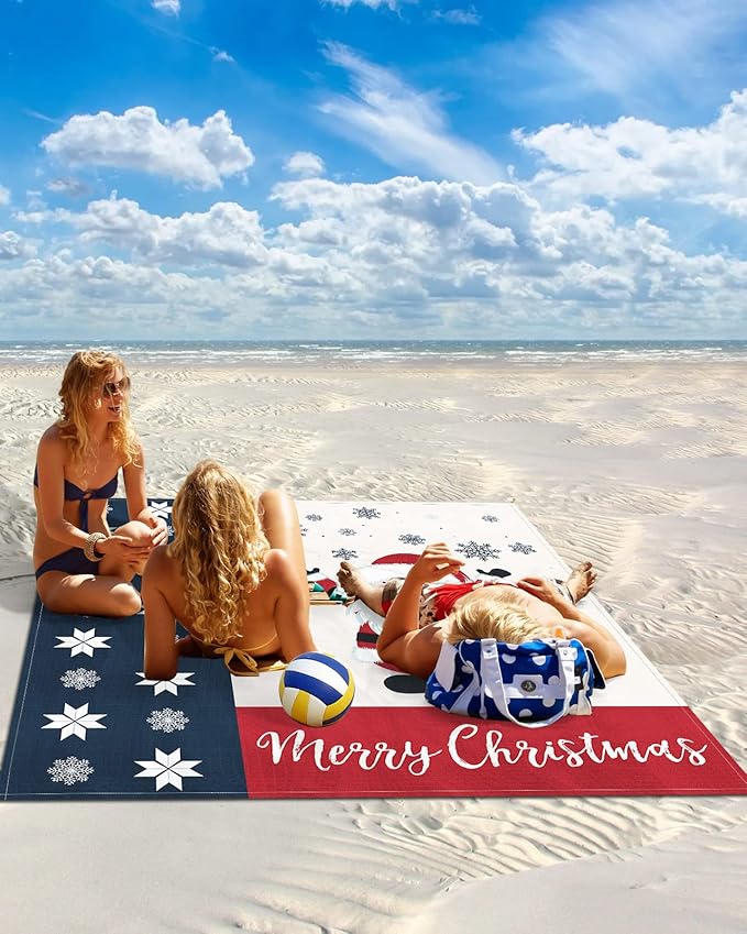 Beach Blanket Waterproof Sandproof Christmas Snowflakes and Cute Dwarf Quick Drying Beach Mat with 4 Stakes Red White and Blue Lightweight Picnic Blanket for Travel Camping Outdoor 95x80