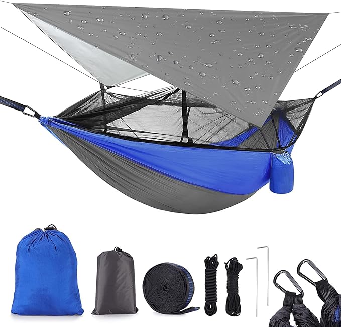 Camping Hammock with Mosquito Net &amp Rain Fly Tent Tarp &amp Tree Straps Portable Strong Nylon Hammock Parachute Tent w/Storage Bag for Camping Hiking Backyard Outdoor Backpacking Travel