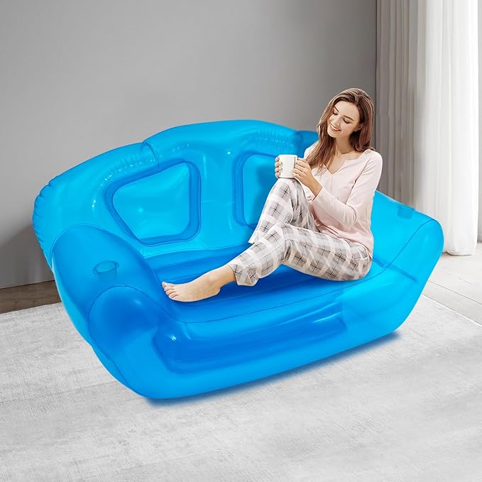 Transparent Inflatable Sofa Seat Blow up Chair Yard Portable Inflatable Couch Air Couch Patio Blow up Furniture for Camping Outdoor Beach Room Adult Teen 180*90*95cm/70.9*35.43*37.4in (Blue)