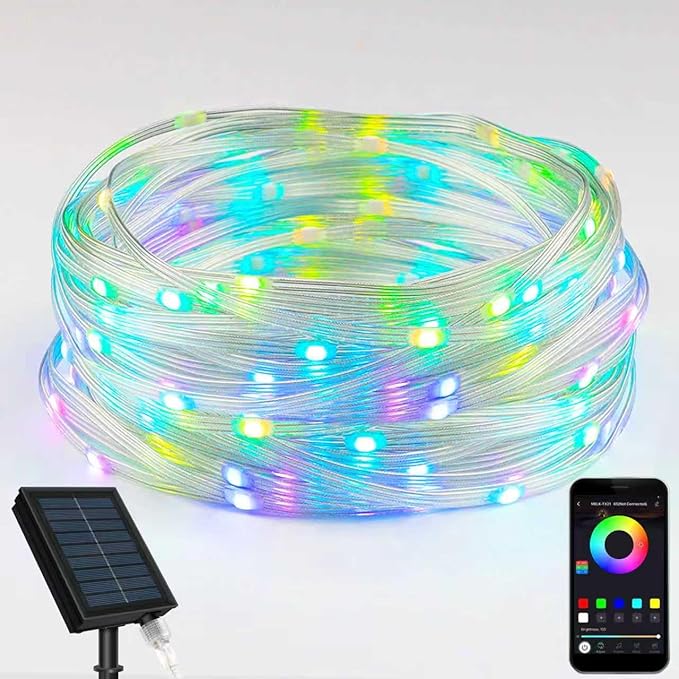 LED Outdoor Solar String Lights 38FT 100 RGB LEDs Solar Christmas Lights IP65 Supports APP/Music/8 Modes Solar Outdoor String Lights for Patios Gardens Trees Easter Decorations