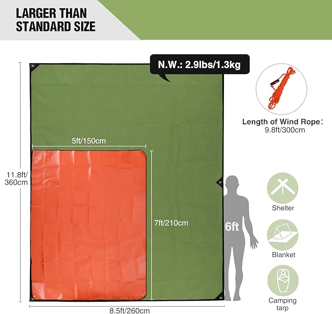 RedSwing Heavy Duty Survival Blanket Waterproof Emergency Thermal Tarp Multipurpose Reflective Insulated All Weather Blankets for Camping Hiking Green11.8 x 8.5 ft