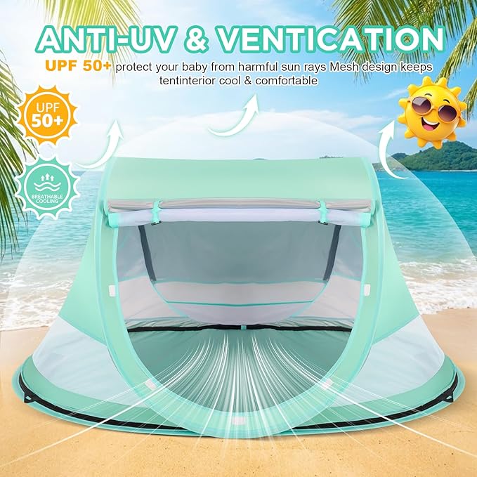 Baby Beach Tent Pop Up Beach Tent Sun Shade for Beach UPF 50+ UV Protection Sun Shelters for Infants with Carry Bag for Outdoor Travel Camping(Green)