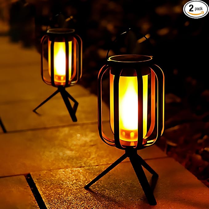 Solar Lanterns Outdoor Waterproof Garden Decor (2 Pack) Flickering Flame Hanging Solar Lights with Tripod Decoration Outside for Yard Patio Backyard Garden Ideal Gifts for Women Mom Grandma