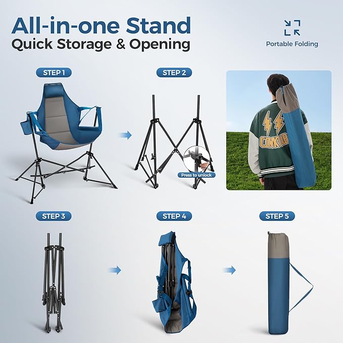 ALPHA CAMP Hammock Folding Rocking Chair with Cup Drink Holder High Back Padded Swinging Chair for OutdoorCamping LawnBackyardPicnic Steel Heavy Duty Portable Oversized(Blue)