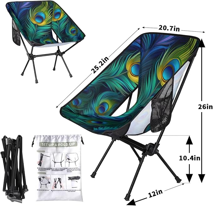 Honeybaby Folding Camping Chair Fairy Peacock Feathers Camping Chairs Lightweight Portable Chair Outdoor Foldable Chairs for Camping Travel Picnic Beach Hiking