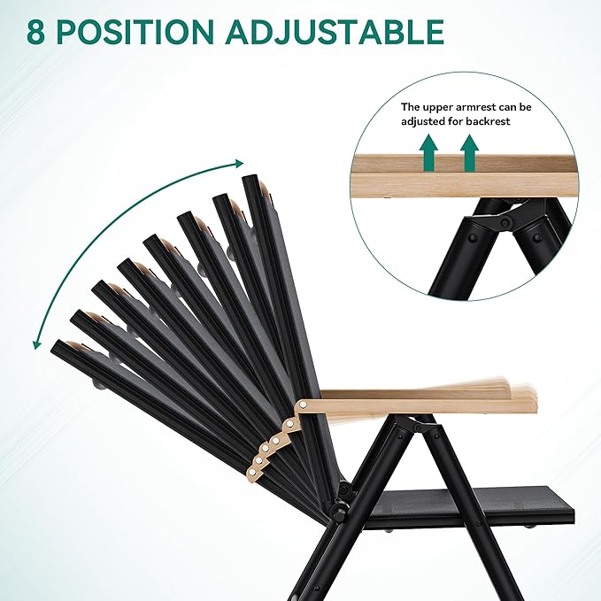 YITAHOME Aluminum Folding Patio Chairs Set of 4 Portable Patio Folding Chairs w/ 8-Position Backrest Breathable Folding Outdoor Chairs w/Sturdy Frame for Indoor &amp Outdoor Activities Black