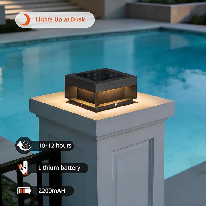 Solar Post Lights Outdoor 7.9'' Pillar Lights Waterproof 3000K Fence Column Cap Light Dusk to Dawn Solar Powered Lantern Modern Lamp Posts Outdoor Lighting Fixture for Yard Pathway Deck Garden
