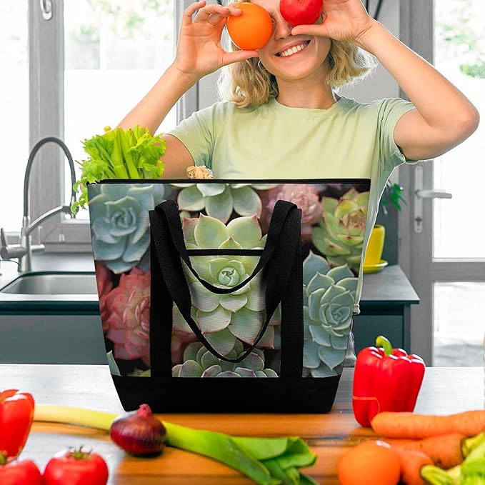 Insulated Shopping BagLarge Reusable Cooler Bags Cactus Succulents Printed Foldable Shopping BagTravel Waterproof Shoulder Bag