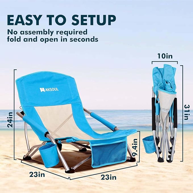 AKSOUL Folding Beach Chair for Adults: Low/High Back Chairs with Carry Bag - Extra Wide Seat Chair with Comfortable Pillow &amp Storage Pocket (1 Pack &amp 2 Pack Blue)