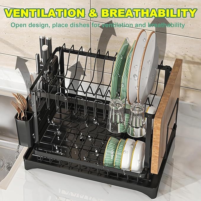 BCWW 2-Tier Dish Racks for Kitchen Counter Multifunctional Dish Drying Rack Large Capacity Metal Kitchen Dishes Drying Rack Plate Organizer for Bowls/Cups/Bottles (Black)