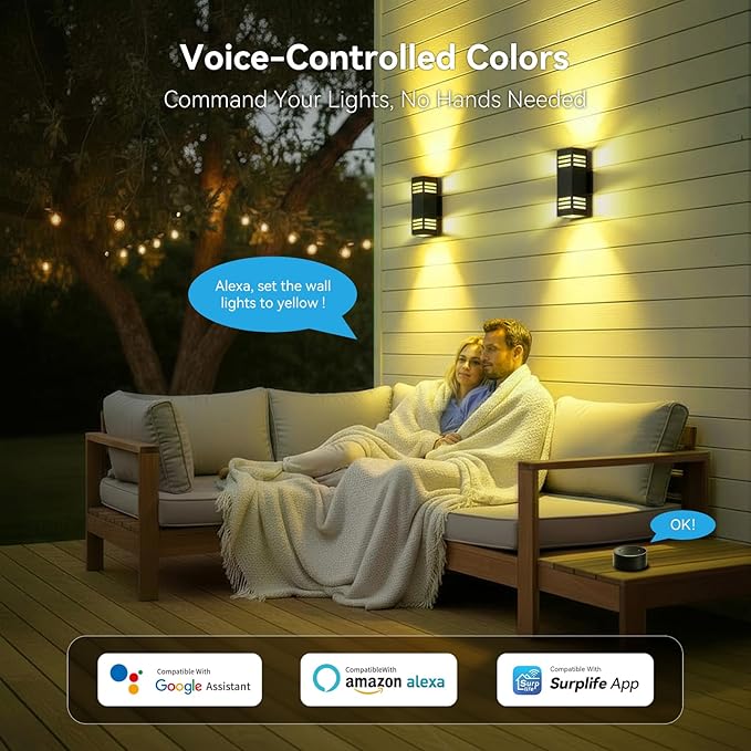 Outdoor Wall Lights 4 Pack RGBCW Smart Porch Lights with Various Scene Modes Waterproof Dimmable Up and Down Lights Outdoor DIY Lighting Effects Compatible with Alexa Google Assistant