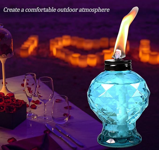 Tewei 4 Pack Blue Table Top Light Torches Outdoor Mini Glass Torche Lanterns Light for Outside Easy to Refill Citronella Torches for Garden Patio Yard Party