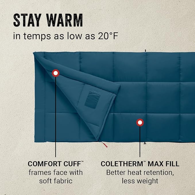 Coleman Kompact 20°F/30°F/40°F Sleeping Bag Cool-Weather Adult Sleeping Bag with Heat Retention Stuff Sack &amp Snag-Free Zipper Great for Camping Sleepovers Guests &amp More