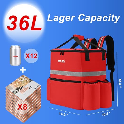 Food Delivery Backpack - Insulated Pizza Bag for Delivery Bike with 4 Cup Holders Large Leakproof Hot/Cold Delivery Bags for Uber Eats Doordash Postmates - Red