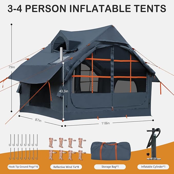 Inflatable Tents with Hand Pump Hot Tent with Stove Jack Easy Blow Up Glamping Tent with Mesh Windows 4-6 Person Instant Family Camping Tents Waterproof for 4 Seasons