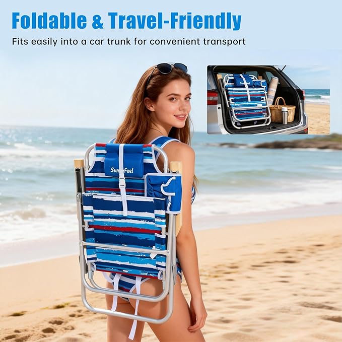 SUNNYFEEL Tall Beach Chair Reclining Beach Chair with 5-Position Portable Camping Chair for Adults with Wood Armrest Lightweight Camping Chair 300 lbs Heavy Duty Blue Stripe 2 Pack