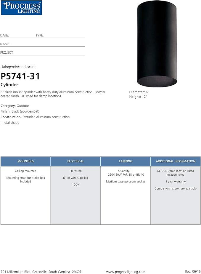 Progress Lighting 6-in Cylinder Outdoor Ceiling Light 1-Light Modern Flush Mount Interior and Exterior Home or Porch Aluminum 6 W x 12. H Black P5741-31