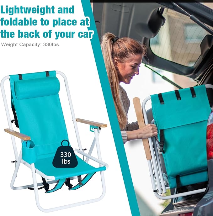 Folding Beach Chair 4-Position Recline Portable Beach Chair Lightweight 8.8 lbs 265 lbs Capacity Durable Steel &amp Oxford with Backpack Straps for Camping Outdoor