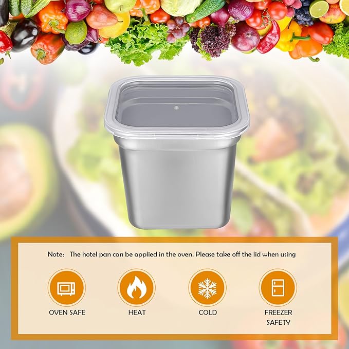 8 Pcs 1/6 Size Hotel Steam Table Pans with Lids Stainless Steel Food Containers and PP Plastic Covers Anti-clogging Steamer Pans for Buffet Catering Restaurant and Food Prep(6 Deep)