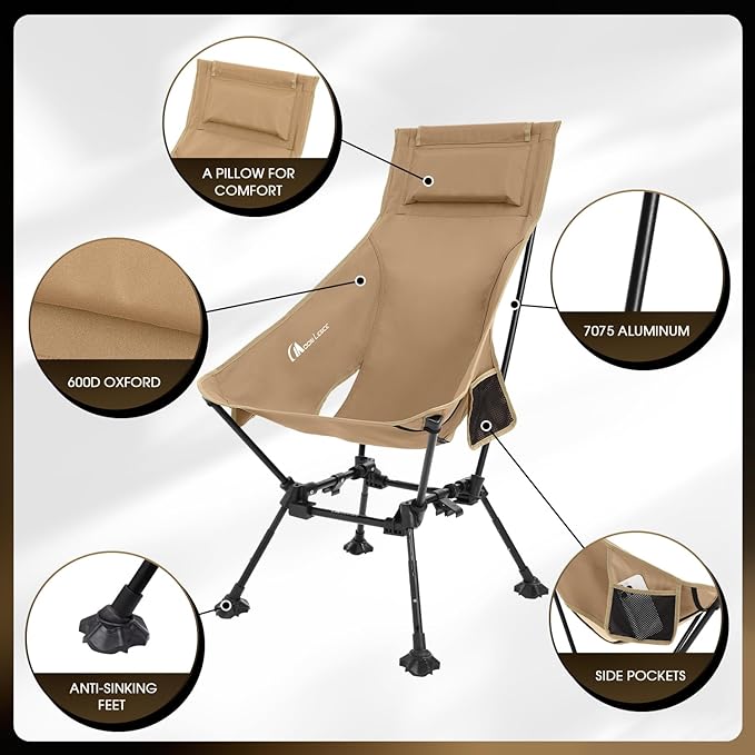 MOON LENCE High Back Folding Camping Chairs Adjustable Height Beach Chair with Anti-Sinking Feet &amp Widened Seat (Khaki)