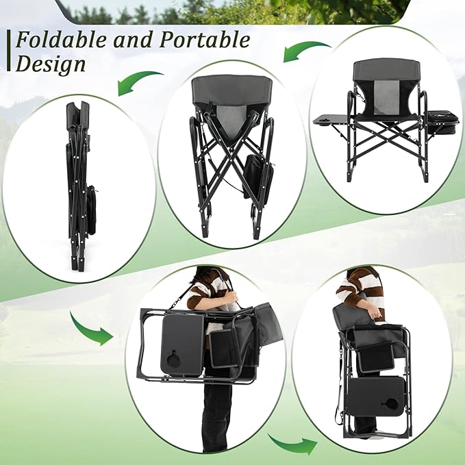 Giantex 2 PCS Camping Chairs Folding Directors Chair with Side Table Pocket Cooler Bag Shoulder Strap Handle Support 400 Lbs Lawn Chair Artist Chair for Makeup Fishing Picnic Black