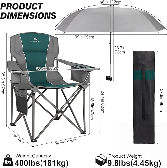 CAMPHILL 2 Pack Oversized Camping Chairs with Adjustable Umbrella-Folding Padded Lawn Chair with Backrest &amp Comfy Armrest-Heavy Duty for Beach Patio PicnicDark Green