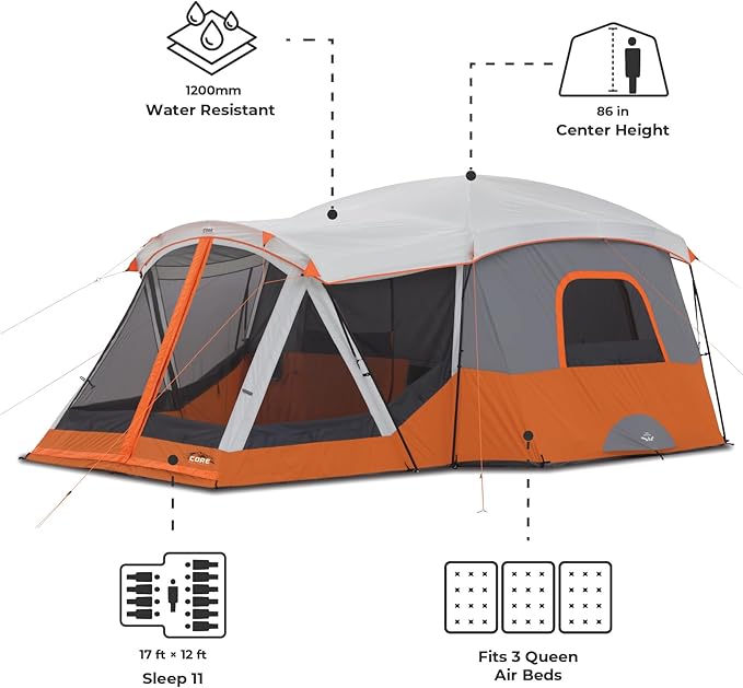 CORE Tent for Family Camping | 10 Person / 11 Person / 12 Person Large Multi Room Cabin Tents for Car Camping &amp Outdoor Adventures