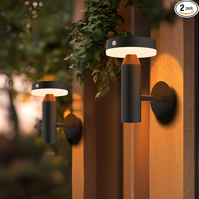 Round Solar Wall Lights - Solar Powered Wall Lamps - LED Lights - PIR Sensor &amp Two Lighting Modes - Rechargeable Battery - 3000K 1.3W Solar Panel &amp 3.7V - IP44 Weather Resistant - 2 Pack