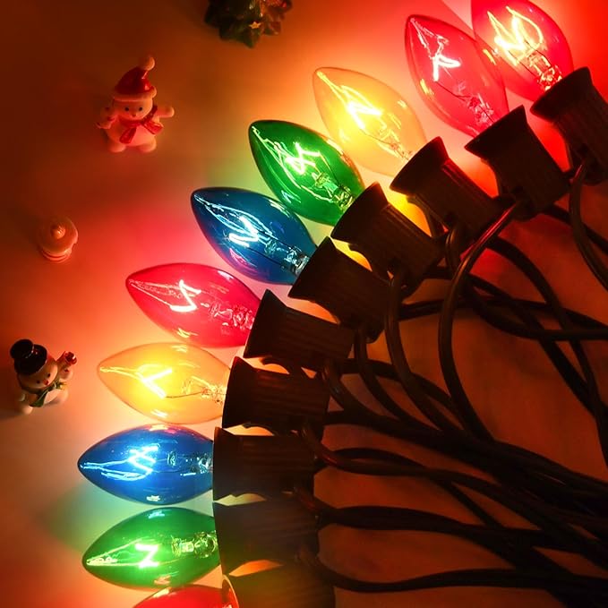 25FT C7 Christmas Lights Outdoor Clear Multicolor Christmas Lights with 27 Clear Colorful Bulbs (2 Spare) Hanging Vintage Christmas Light for Christmass Day Prom Party Wedding Decor Green Wire