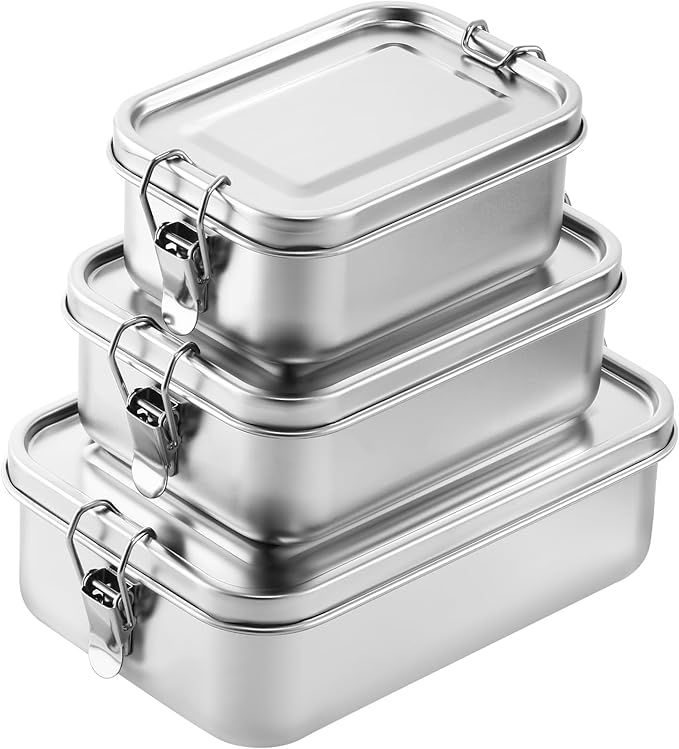 Umigy 3 Pcs Stainless Steel Food Containers 1200/1400/2400ml Metal Bento Lunch Box Stainless Steel Food Storage Containers Lockable Clips to Leak Proof Reusable Dishwasher Snack Boxes for Work