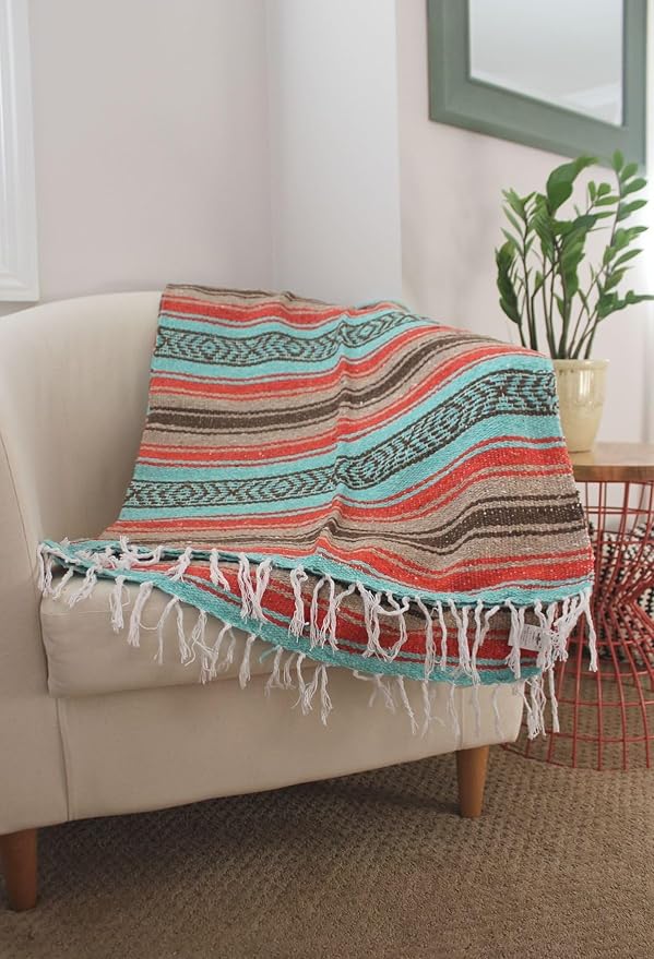 Del Mex Classic Mexican Blanket Large Authentic Woven Falsa Throw (70x50) Artisan Southwest Décor for Beach Yoga Outdoors (Mint/Tan/Orange)