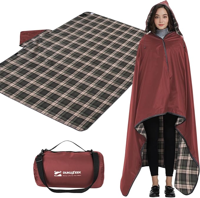 DUKUSEEK Stadium Blanket for All Weather Waterproof Outdoor Blankets with Hood Soft Warm Fleece Camping Blanket Windproof for Outdoor Sports 79x58